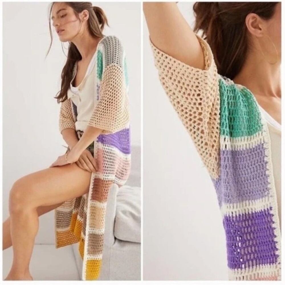 NEW Anthropologie Eliza Crochet Knit Colorblock Duster Shawl Cardigan - Picture 2 of 8